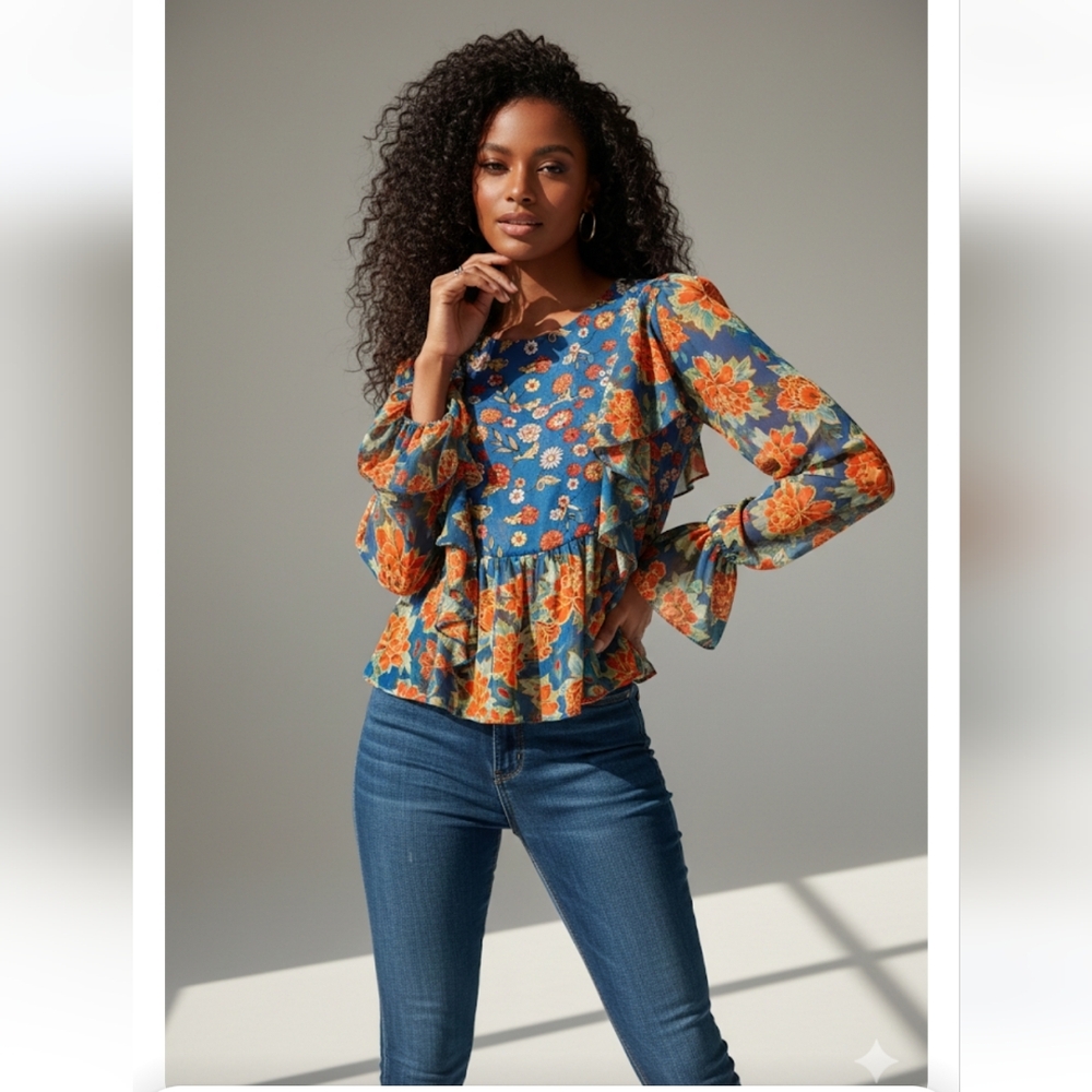 Anthropologie's Vibrant Floral Women's Blouse in Blue